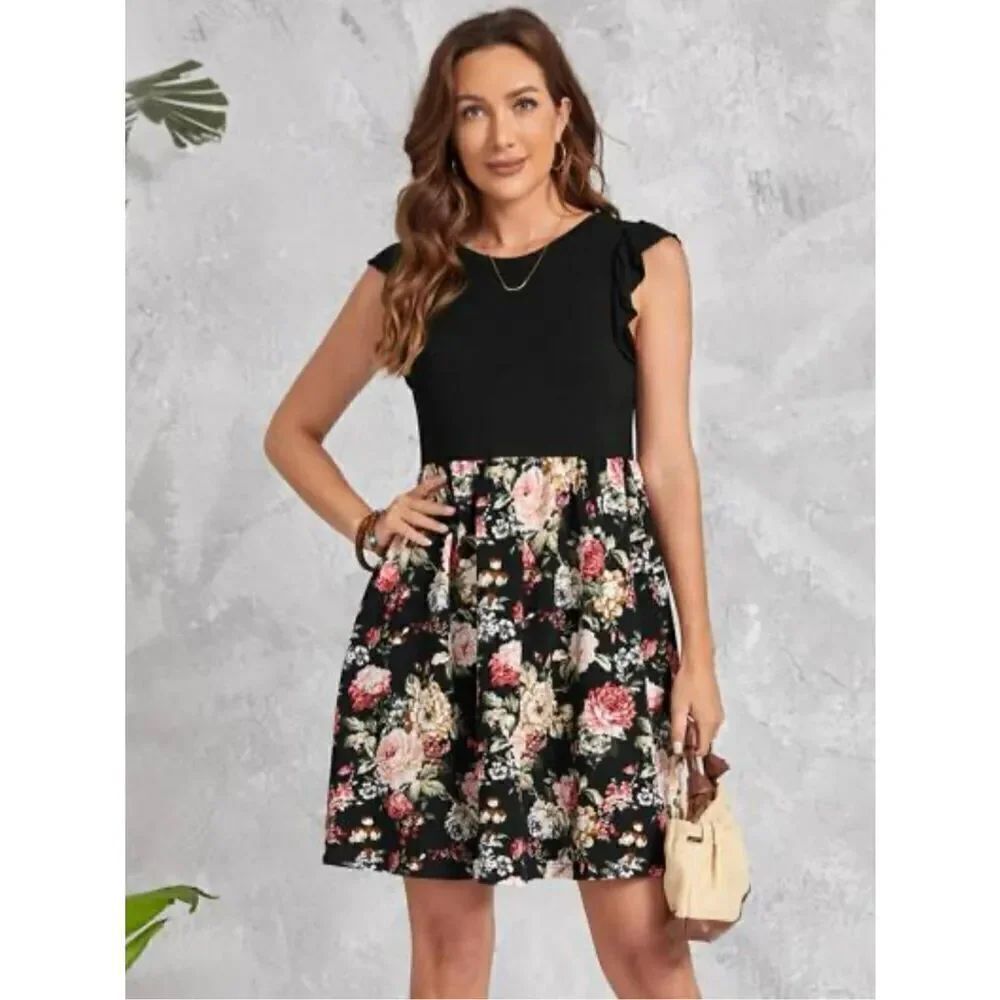 Womens Shein Flutter Sleeve Floral Print A Line Dress - Sz 0X